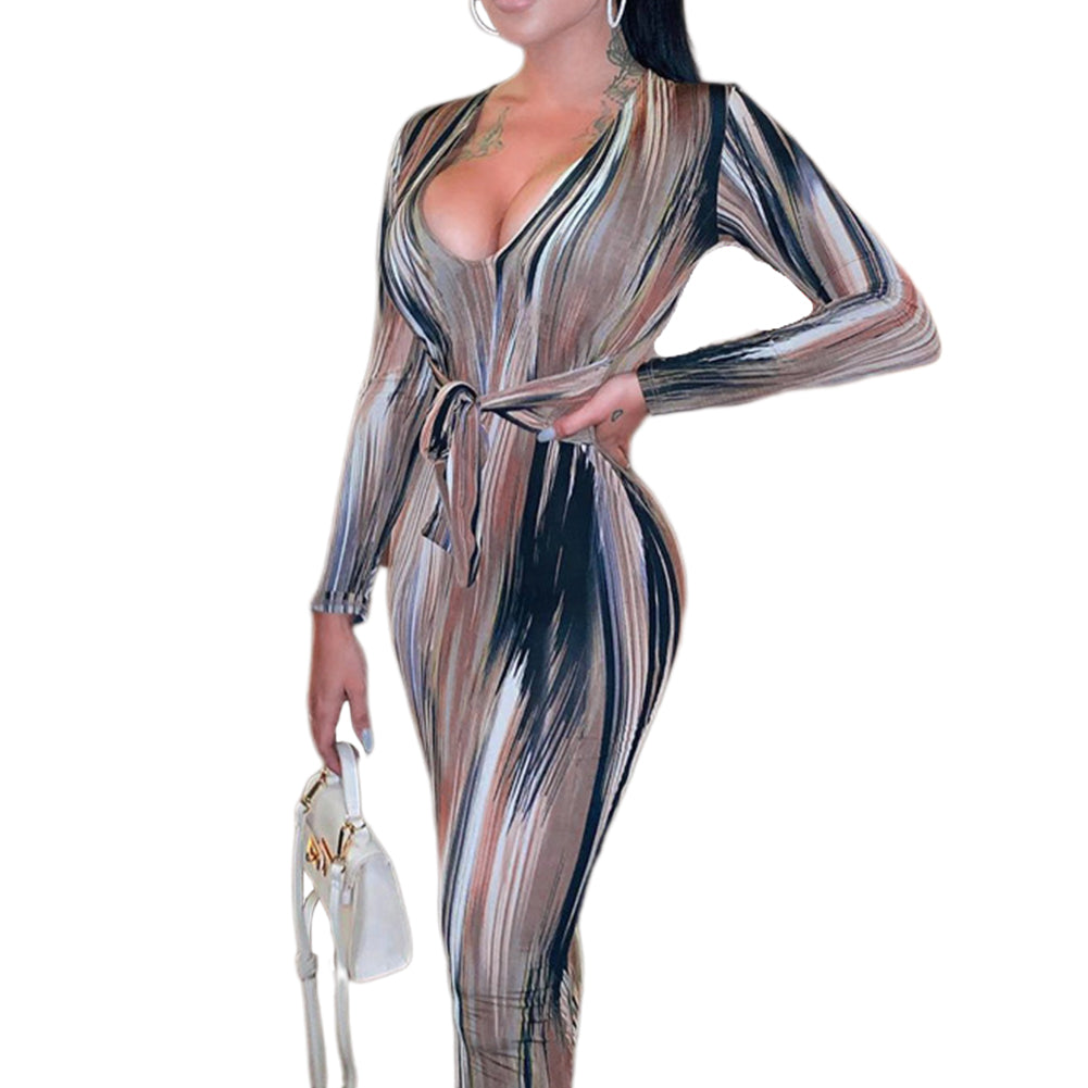 YESFASHION Feminine Personality Print Long-sleeved V-neck Dress