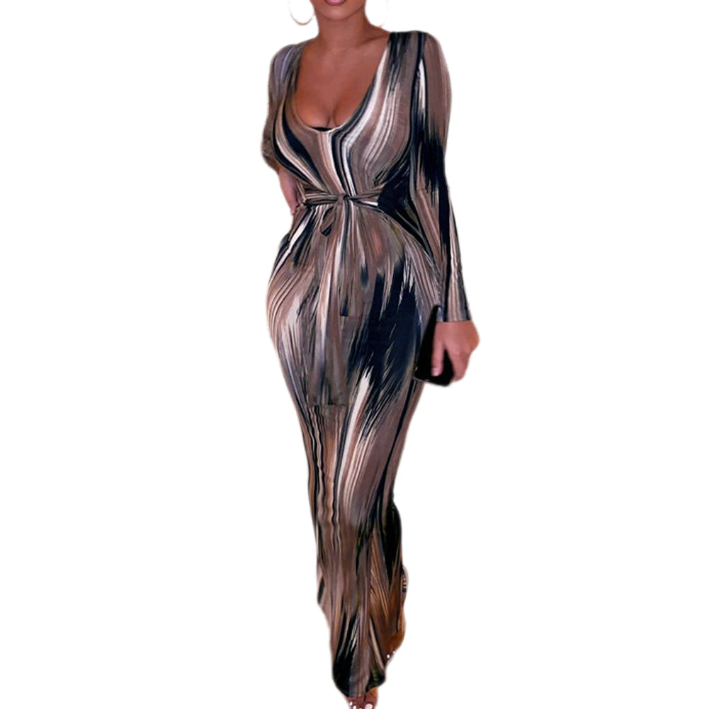 YESFASHION Feminine Personality Print Long-sleeved V-neck Dress