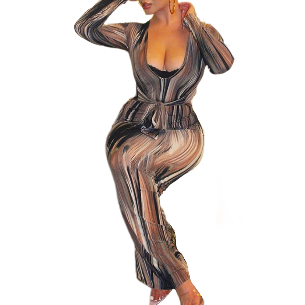 YESFASHION Feminine Personality Print Long-sleeved V-neck Dress