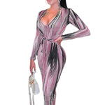 YESFASHION Feminine Personality Print Long-sleeved V-neck Dress