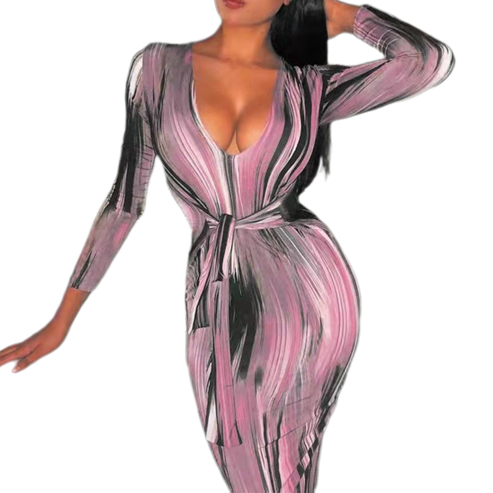 YESFASHION Feminine Personality Print Long-sleeved V-neck Dress