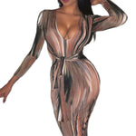 YESFASHION Feminine Personality Print Long-sleeved V-neck Dress