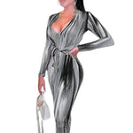 YESFASHION Feminine Personality Print Long-sleeved V-neck Dress