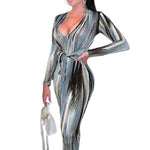 YESFASHION Feminine Personality Print Long-sleeved V-neck Dress