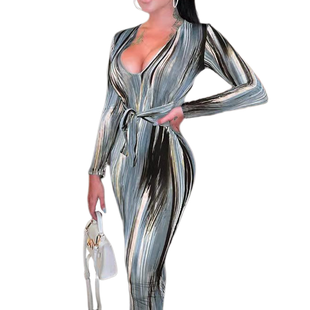 YESFASHION Feminine Personality Print Long-sleeved V-neck Dress