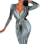 YESFASHION Feminine Personality Print Long-sleeved V-neck Dress