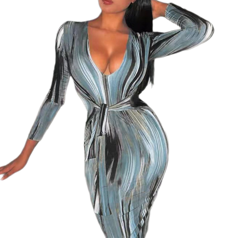 YESFASHION Feminine Personality Print Long-sleeved V-neck Dress