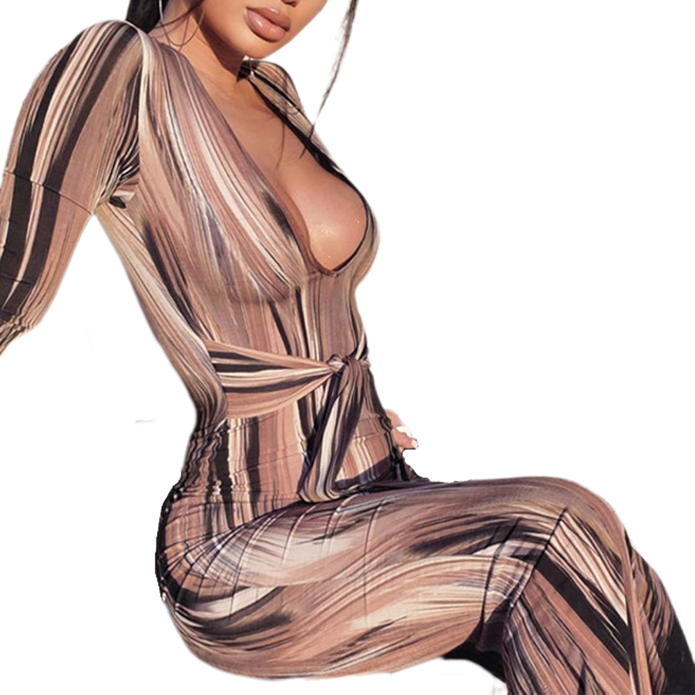 YESFASHION Feminine Personality Print Long-sleeved V-neck Dress