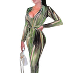 YESFASHION Feminine Personality Print Long-sleeved V-neck Dress