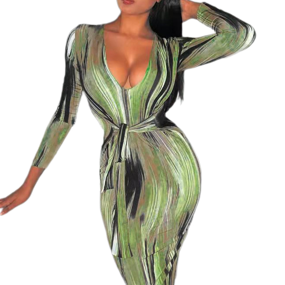 YESFASHION Feminine Personality Print Long-sleeved V-neck Dress