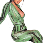 YESFASHION Feminine Personality Print Long-sleeved V-neck Dress