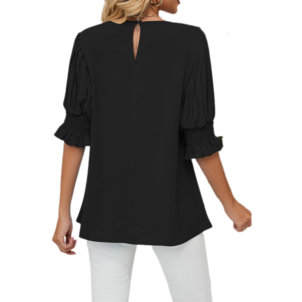 YESFASHION Women Chiffon Shirt Round Neck Long Sleeve Tops