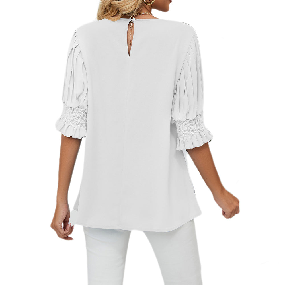 YESFASHION Women Chiffon Shirt Round Neck Long Sleeve Tops
