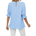 YESFASHION Women Chiffon Shirt Round Neck Long Sleeve Tops