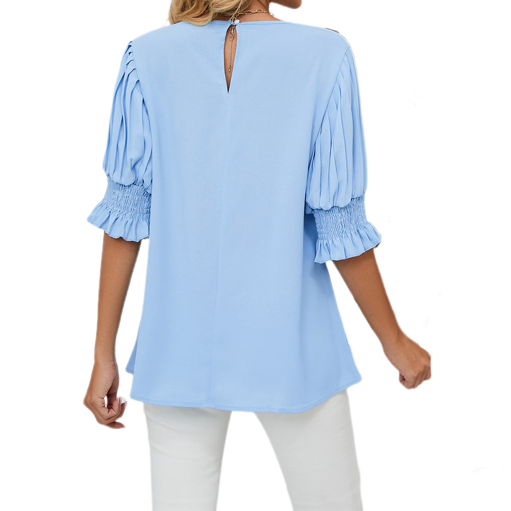 YESFASHION Women Chiffon Shirt Round Neck Long Sleeve Tops