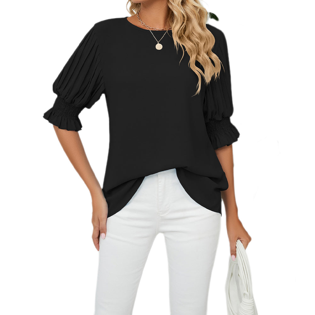 YESFASHION Women Chiffon Shirt Round Neck Long Sleeve Tops