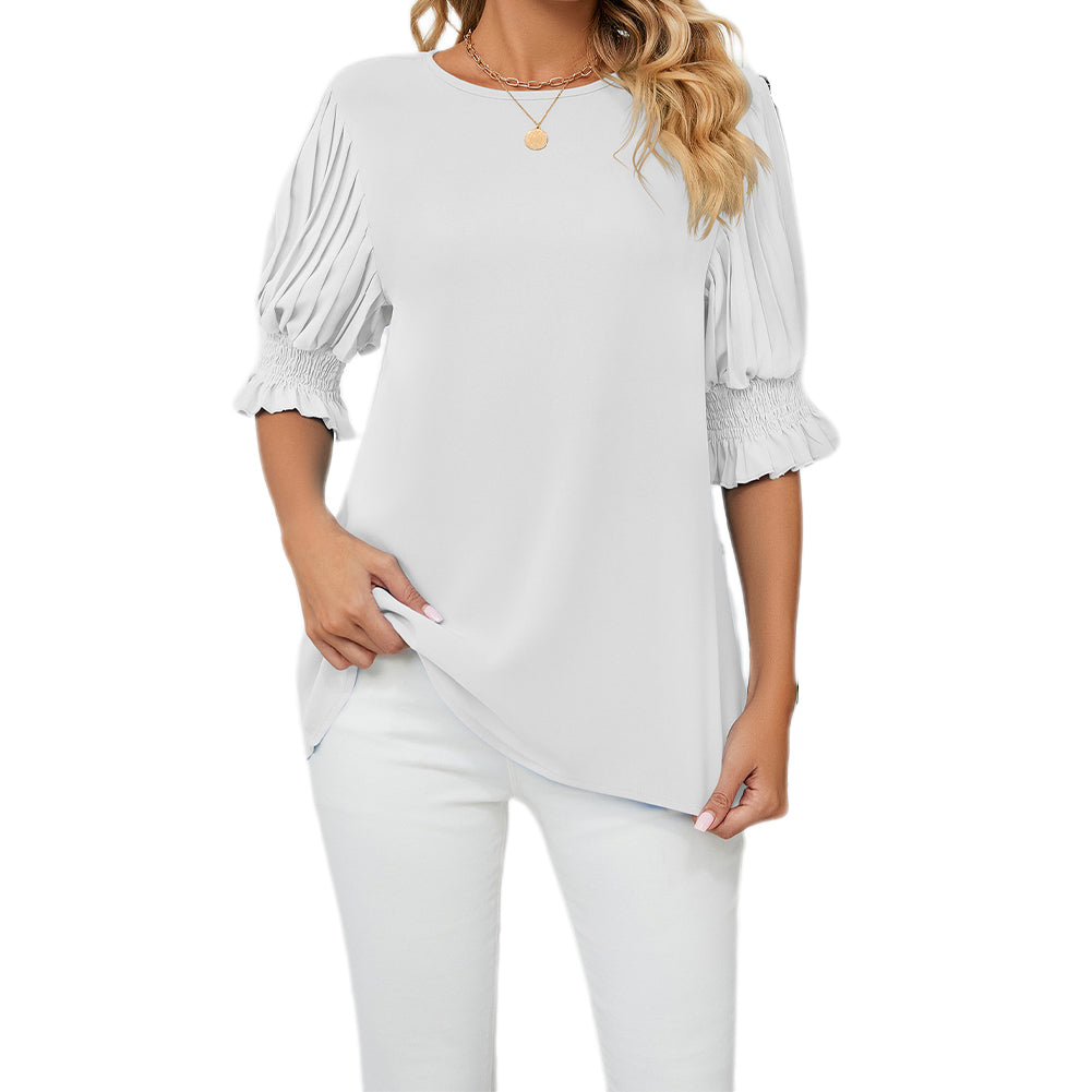 YESFASHION Women Chiffon Shirt Round Neck Long Sleeve Tops