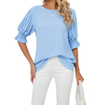 YESFASHION Women Chiffon Shirt Round Neck Long Sleeve Tops