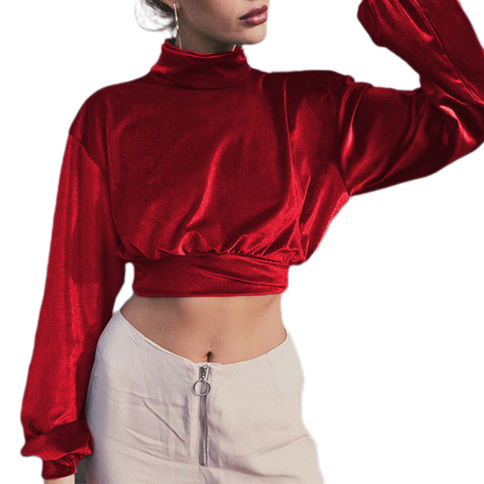 YESFASHION Women Fashion Turtleneck Velvet Cropped Sweatshirts