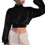 YESFASHION Women Fashion Turtleneck Velvet Cropped Sweatshirts