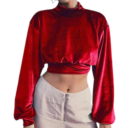 YESFASHION Women Fashion Turtleneck Velvet Cropped Sweatshirts