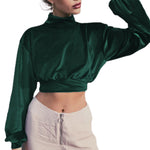 YESFASHION Women Fashion Turtleneck Velvet Cropped Sweatshirts