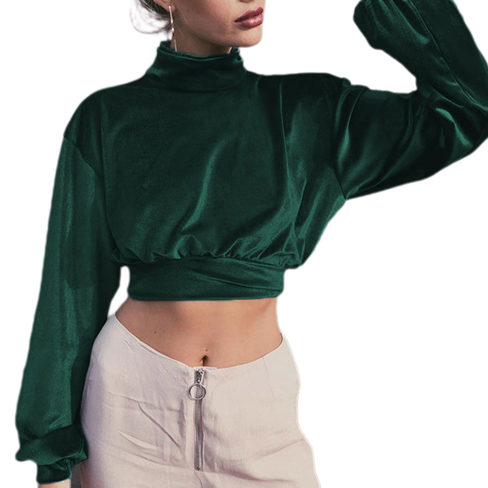YESFASHION Women Fashion Turtleneck Velvet Cropped Sweatshirts