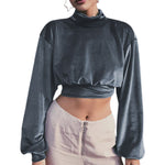 YESFASHION Women Fashion Turtleneck Velvet Cropped Sweatshirts