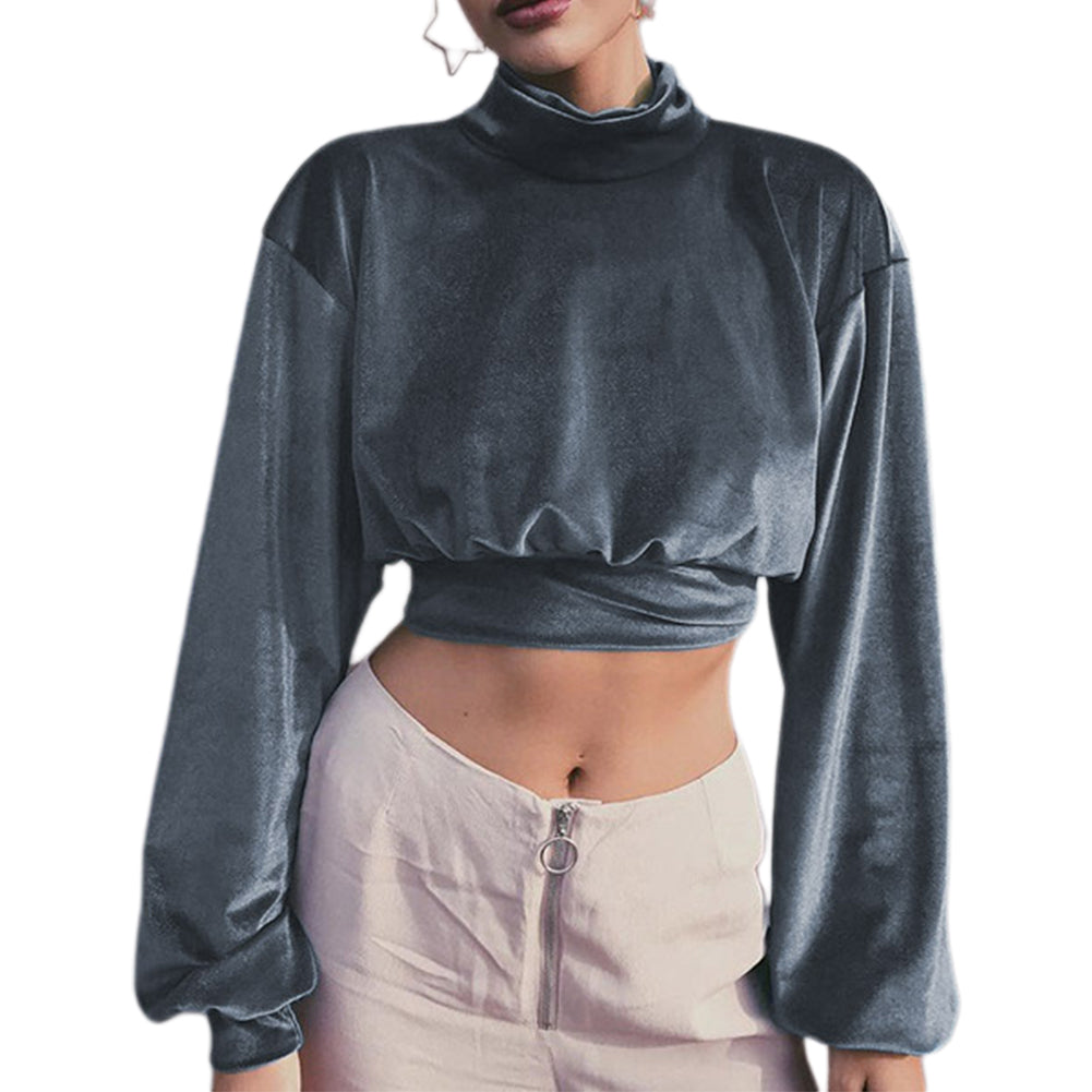 YESFASHION Women Fashion Turtleneck Velvet Cropped Sweatshirts