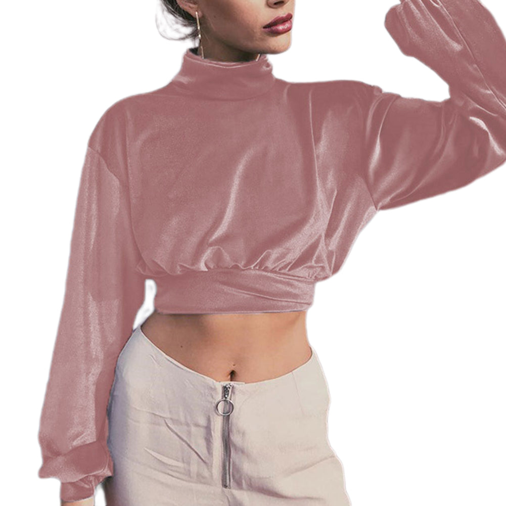 YESFASHION Women Fashion Turtleneck Velvet Cropped Sweatshirts