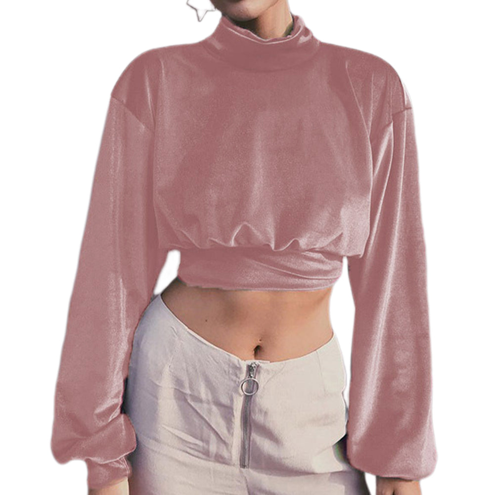 YESFASHION Women Fashion Turtleneck Velvet Cropped Sweatshirts