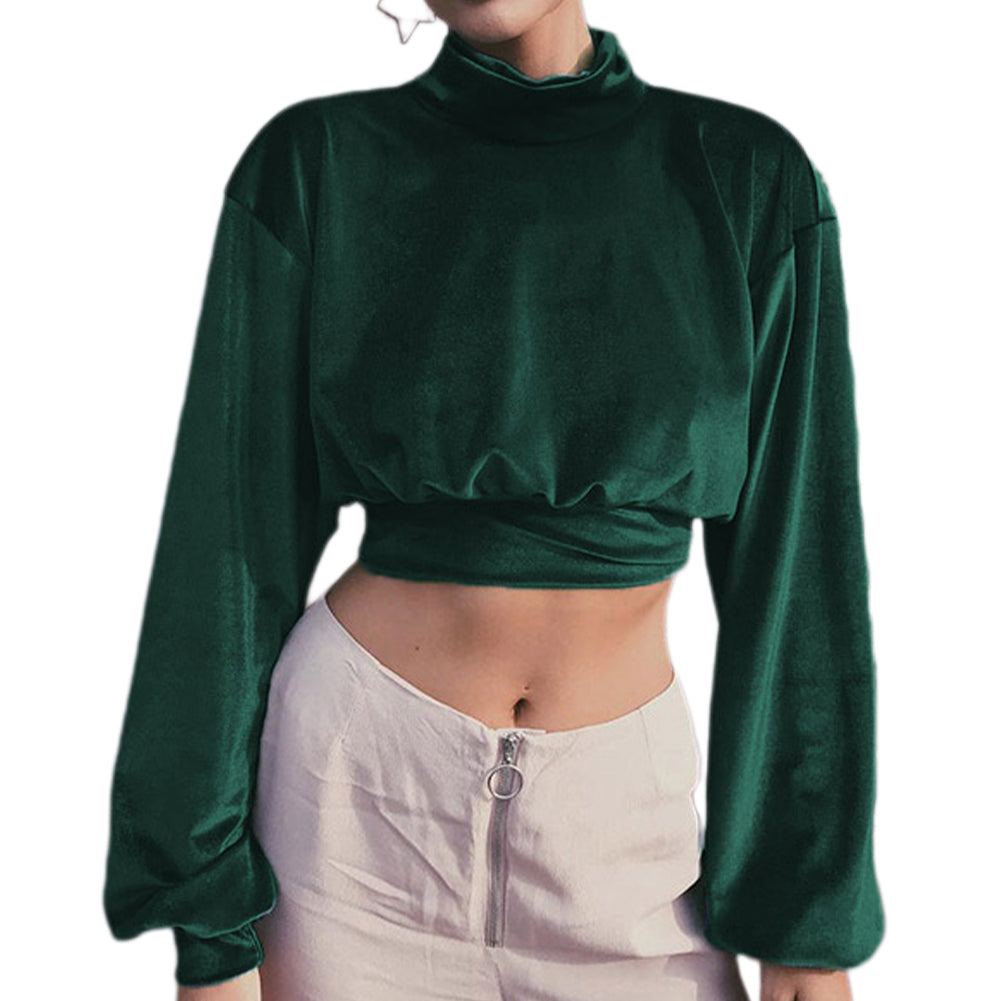 YESFASHION Women Fashion Turtleneck Velvet Cropped Sweatshirts