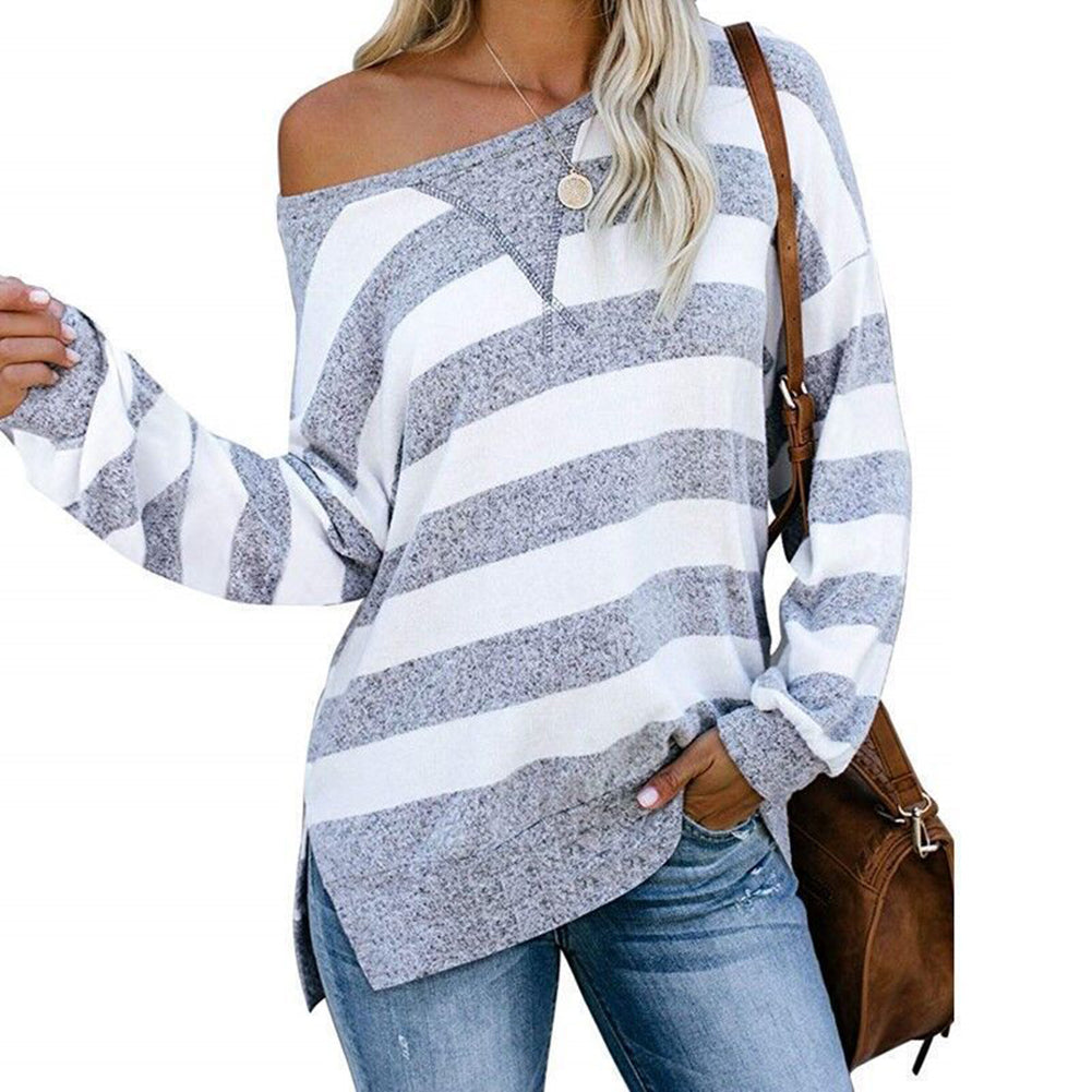 YESFASHION Casual Loose Color Matching Striped Tops T-shirt