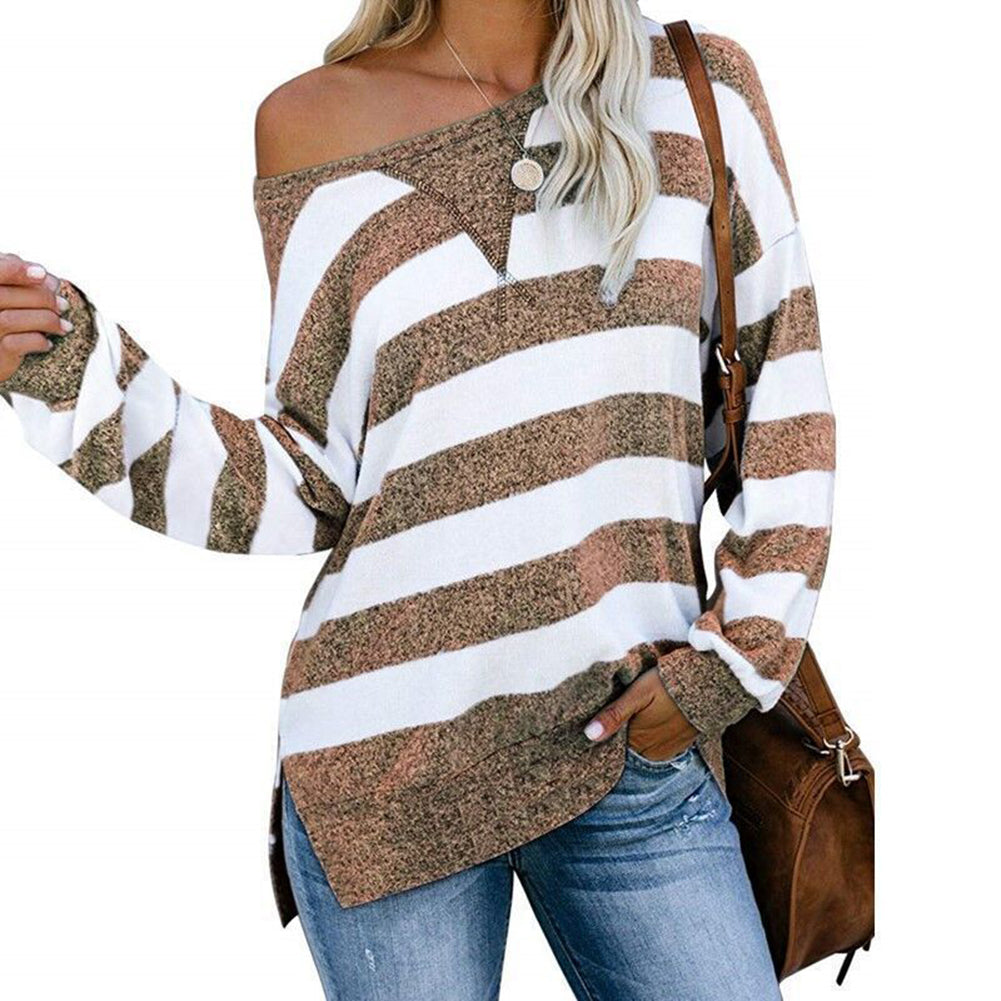 YESFASHION Casual Loose Color Matching Striped Tops T-shirt