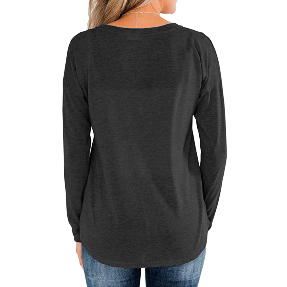 YESFASHION Long Sleeve Round Neck Pullover Button Tops Khaki