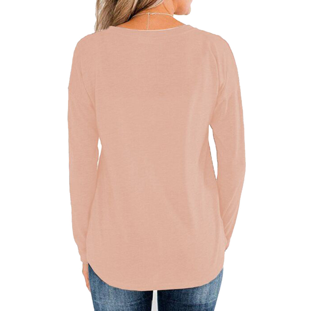 YESFASHION Long Sleeve Round Neck Pullover Button Tops Pink