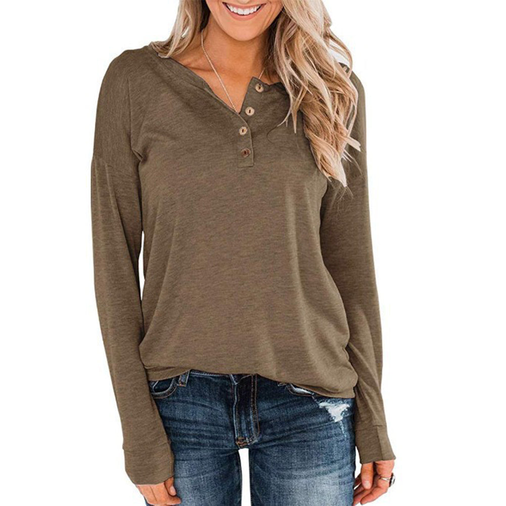 YESFASHION Long Sleeve Round Neck Pullover Button Tops Khaki