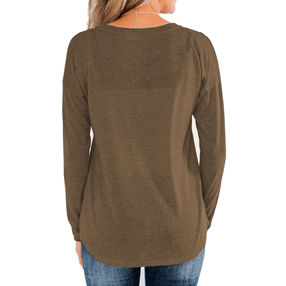 YESFASHION Long Sleeve Round Neck Pullover Button Tops Khaki