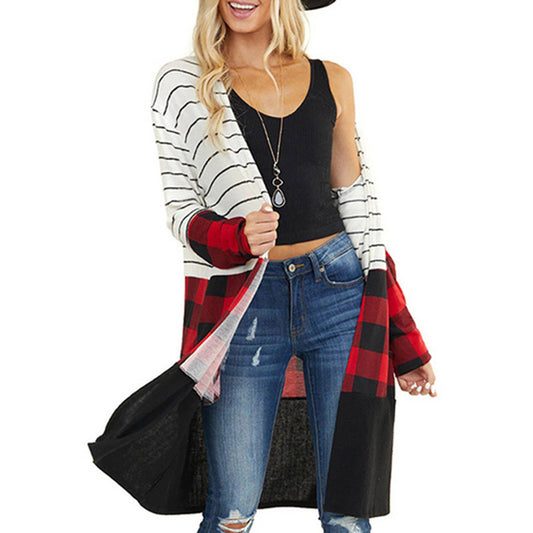 YESFASHION Stripe Contrast Coat Plaid Casual Women Jacket