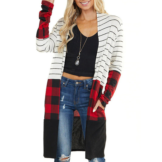 YESFASHION Stripe Contrast Coat Plaid Casual Women Jacket