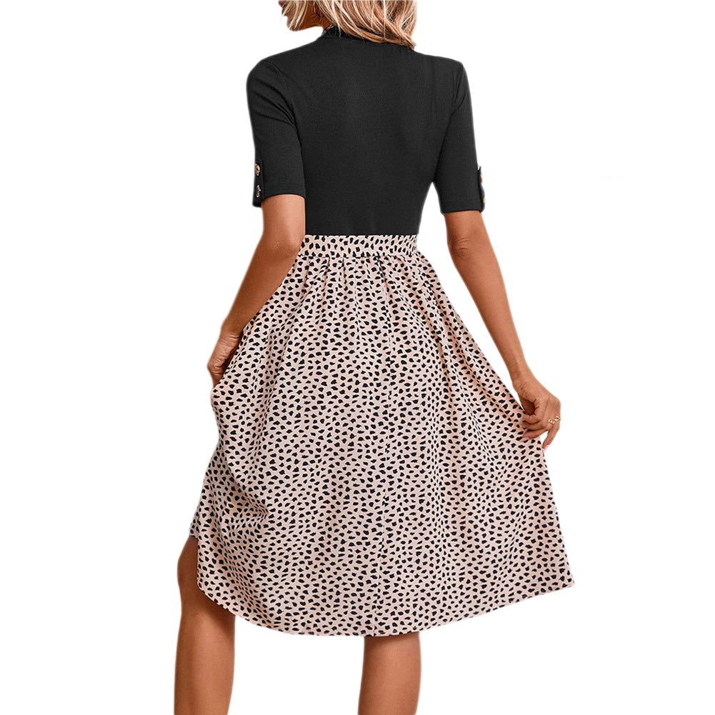 YESFASHION Women Clothing Leopard Print Short-sleeved Dress