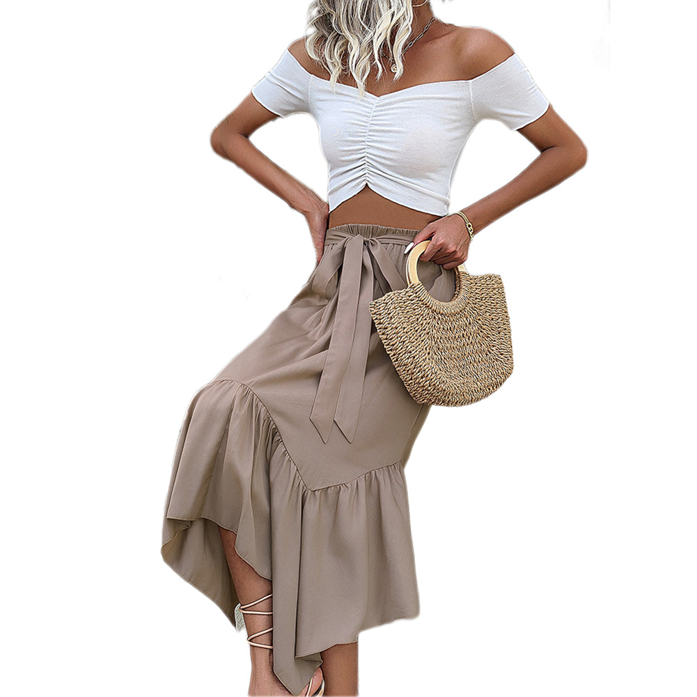 YESFASHION Women Excellent Tie-up Irregular Splicing Skirt