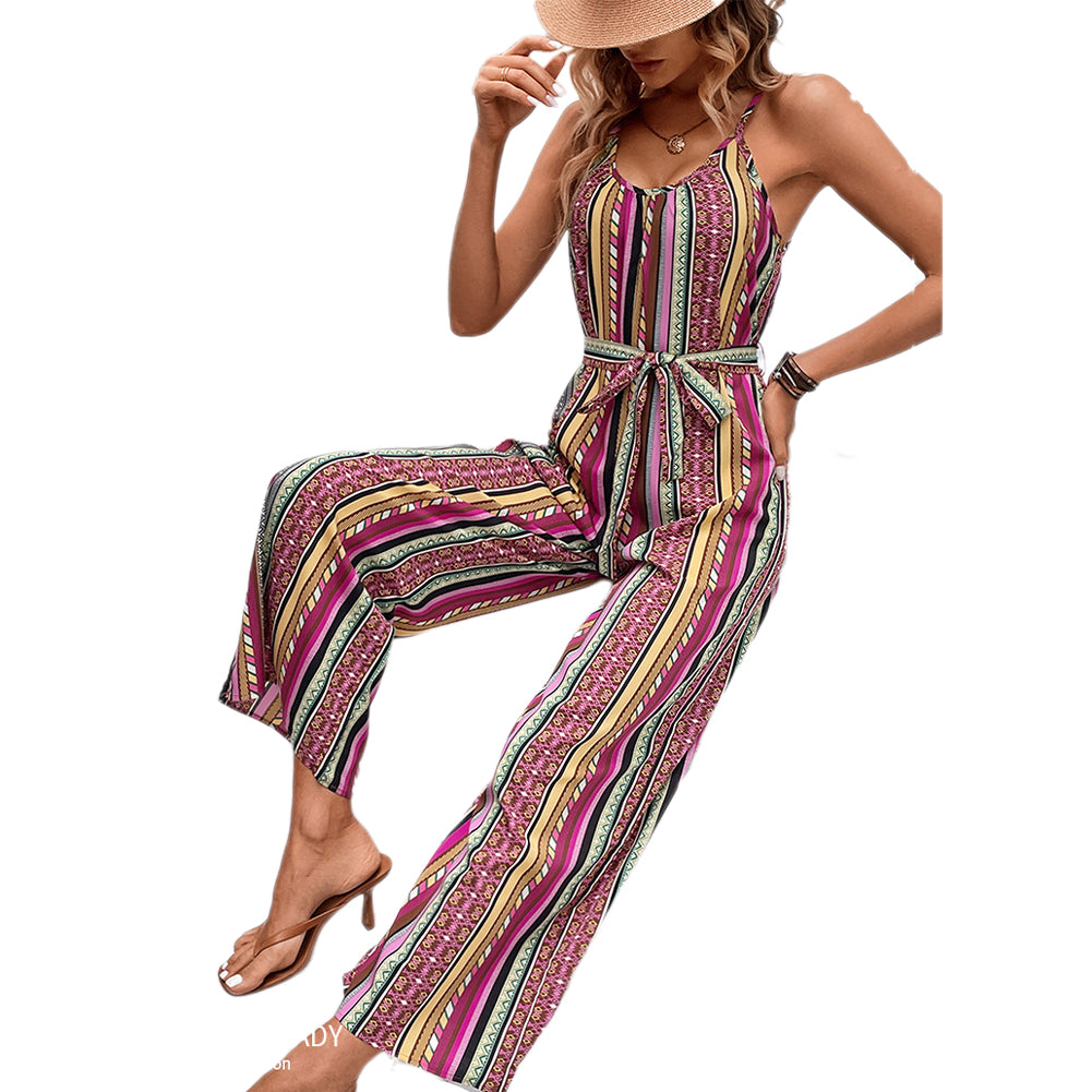 YESFASHION Women Sexy Striped Holiday Style Casual Suspender Jumpsuit
