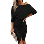 YESFASHION Sexy Slanted Shoulder Slim Fit Wrinkled Hip Dress