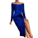 YESFASHION Women Sequin Dress One-shoulder High Waist Slit Dress