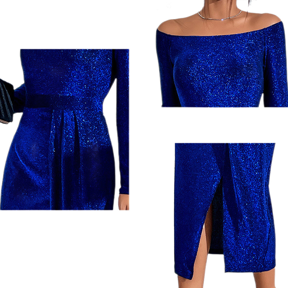 YESFASHION Women Sequin Dress One-shoulder High Waist Slit Dress