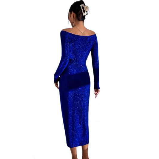 YESFASHION Women Sequin Dress One-shoulder High Waist Slit Dress