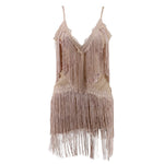 YESFASHION Tassel Embroidery Sequins Sexy Backless Deep V-neck Dress