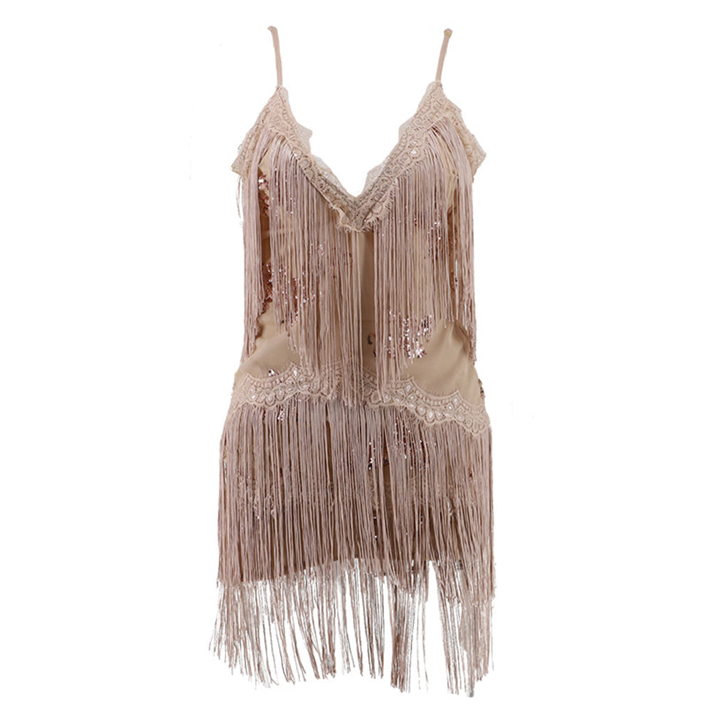 YESFASHION Tassel Embroidery Sequins Sexy Backless Deep V-neck Dress