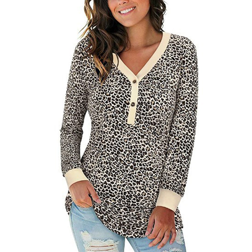 YESFASHION V-neck Button Print Stitching Long-sleeved T-shirt Tops